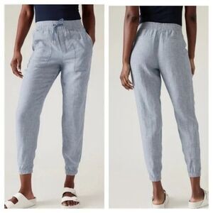 Athleta Cabo 100% Linen Jogger Chambray Blue Zip Pockets Drawstring Size 2P